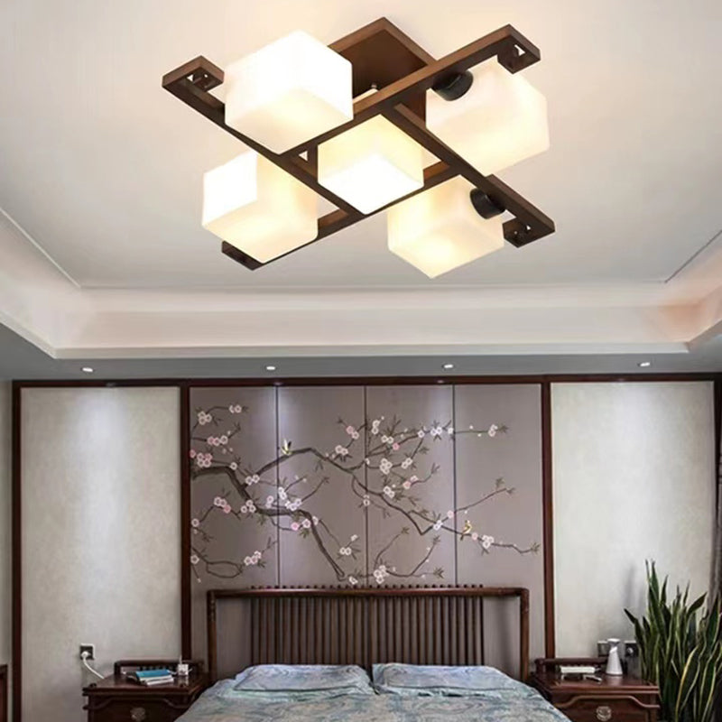 Modern Style Ball Shape Flush Mount Wood Ceiling Light in Brown for Living Room
