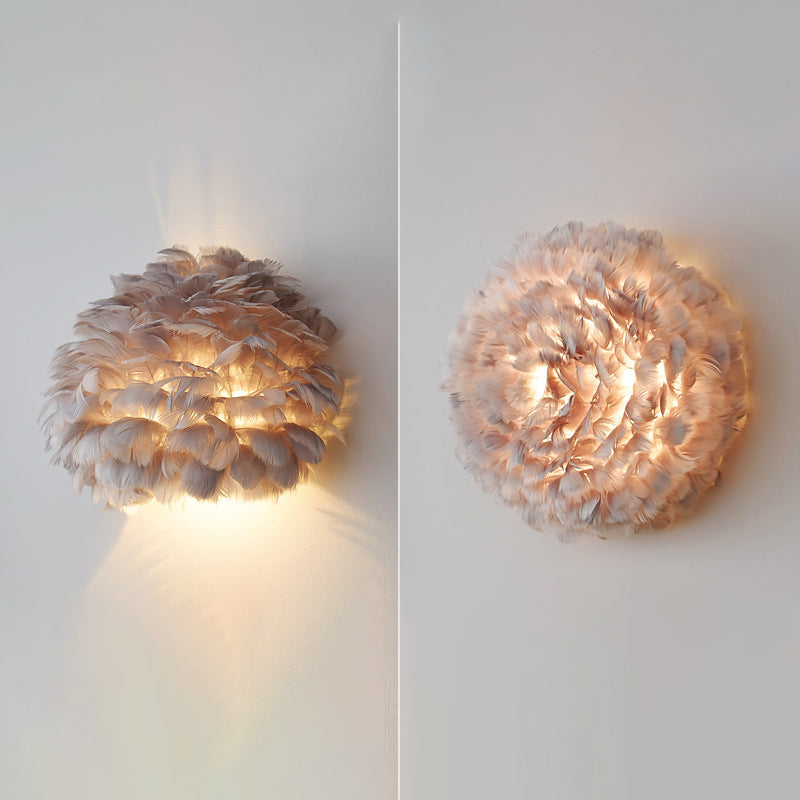 Modern Metal Wall Sconce Geometric Shape Wall Light with Feather Shade for Bedroom