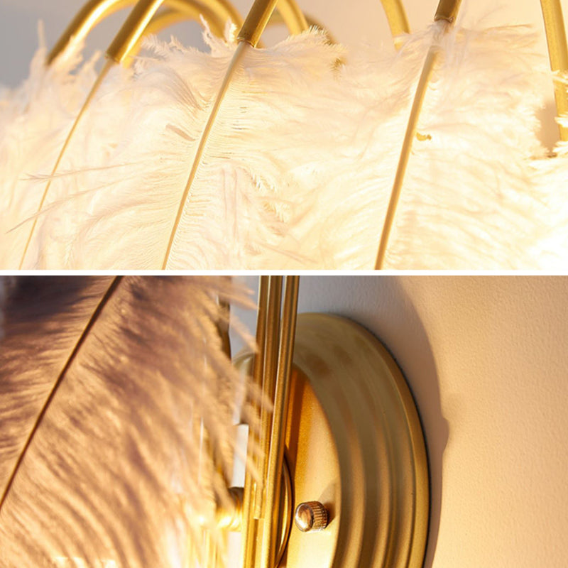 Modern Metal Wall Sconce Geometric Shape Wall Light with Feather Shade for Bedroom
