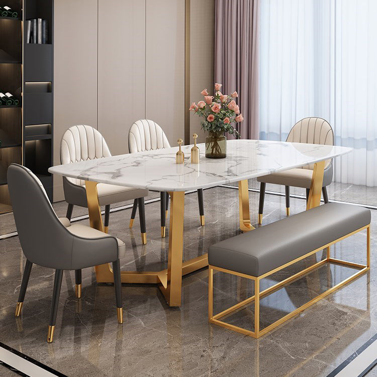 Rectangle Trestle Base Dining Table Glam Style Stone Kitchen Desk