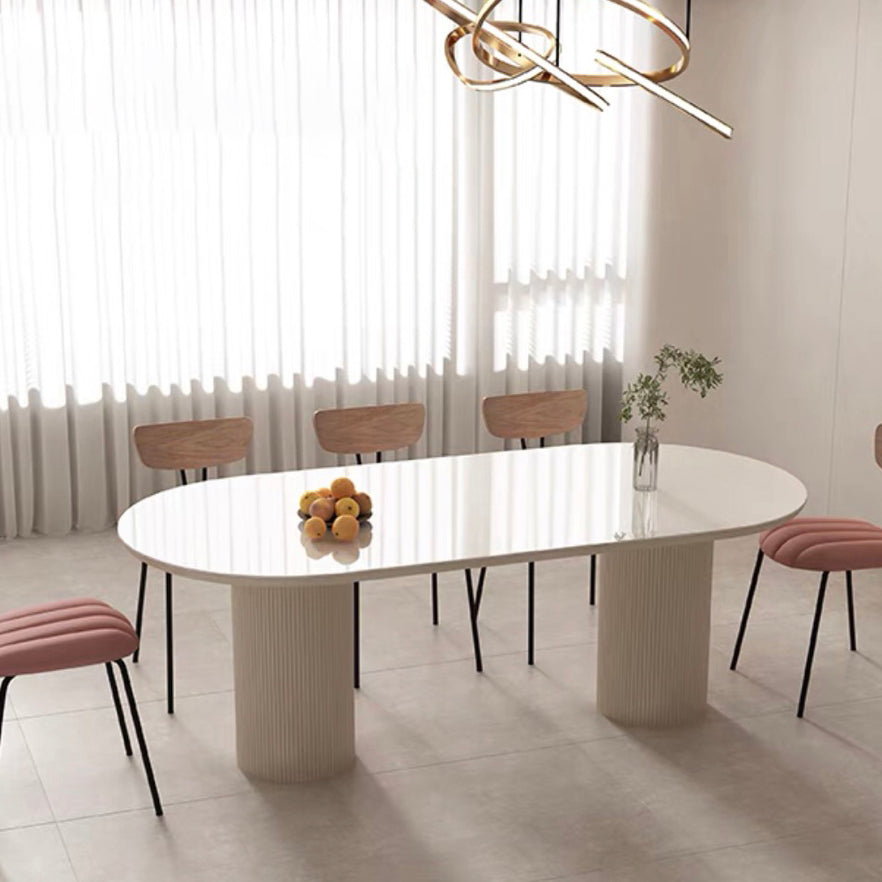 Contemporary Dining Table White Sintered Stone Double Pedestal Desk