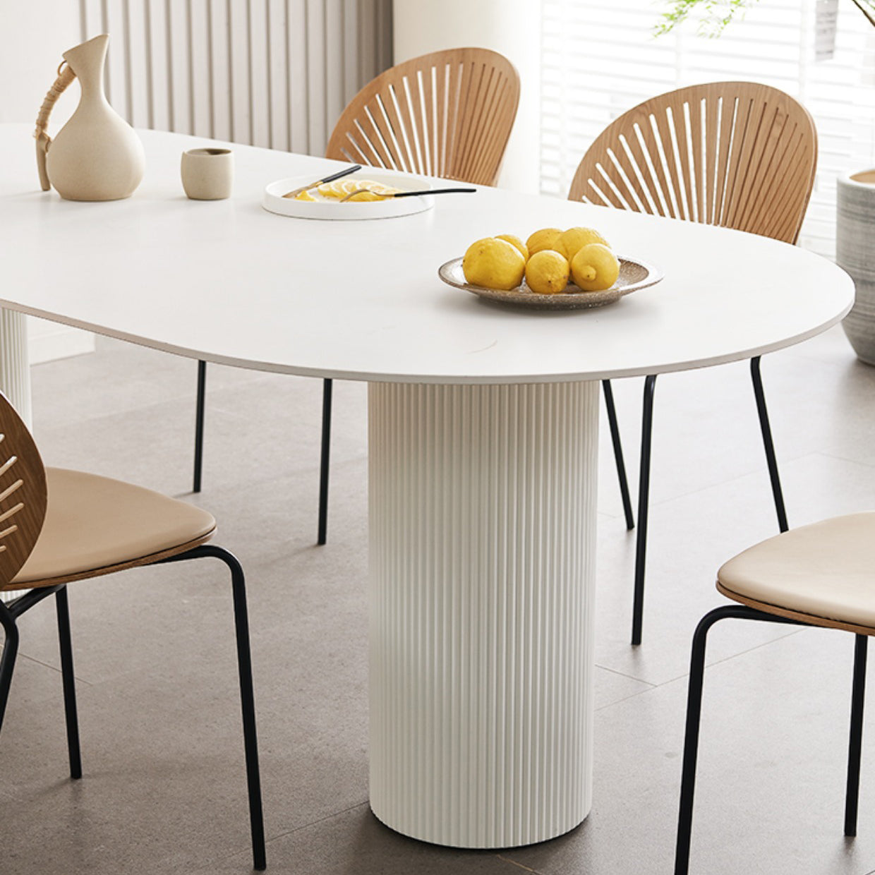 Contemporary Dining Table White Sintered Stone Double Pedestal Desk