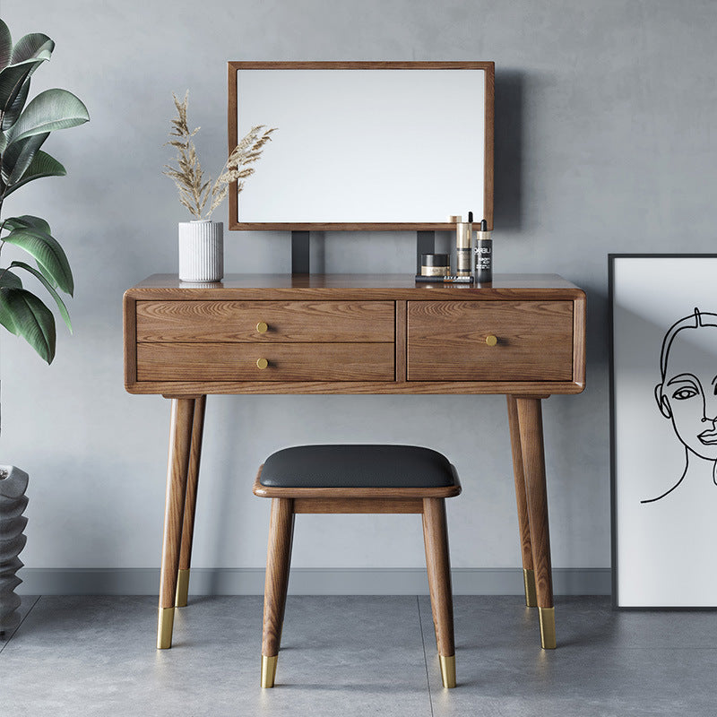 3 Drawers Mirrored Makeup Table Solid Wood Vanity Desk Stool Set