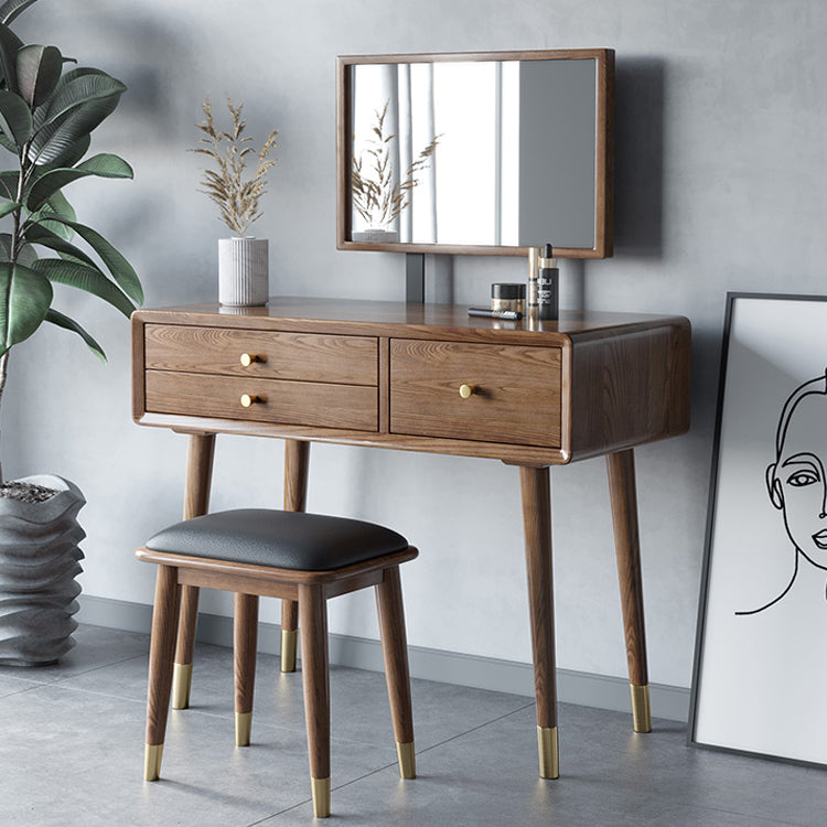 3 Drawers Mirrored Makeup Table Solid Wood Vanity Desk Stool Set