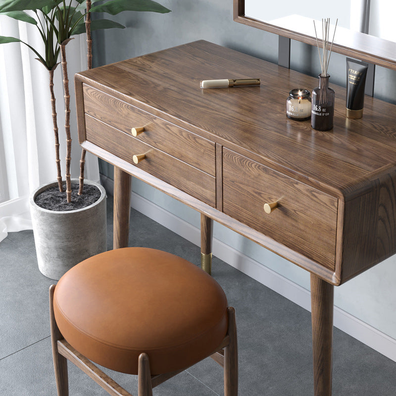 3 Drawers Mirrored Makeup Table Solid Wood Vanity Desk Stool Set