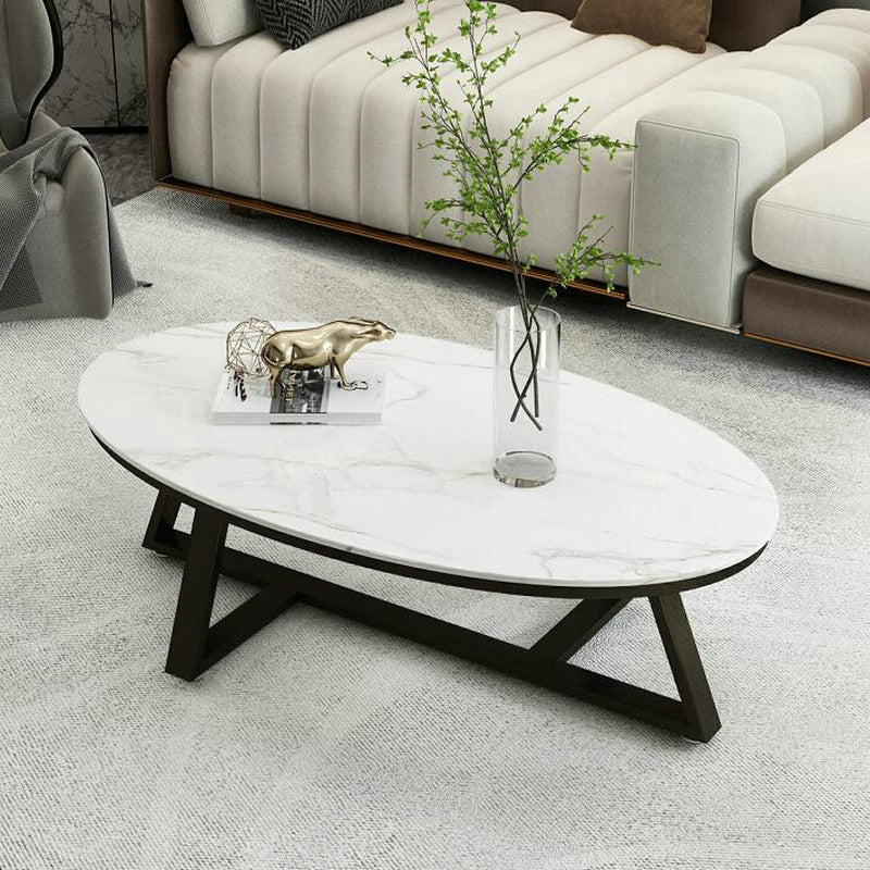 Glam Elliptical Slate Coffee Table 26.2" H Cross Legs Cocktail Table