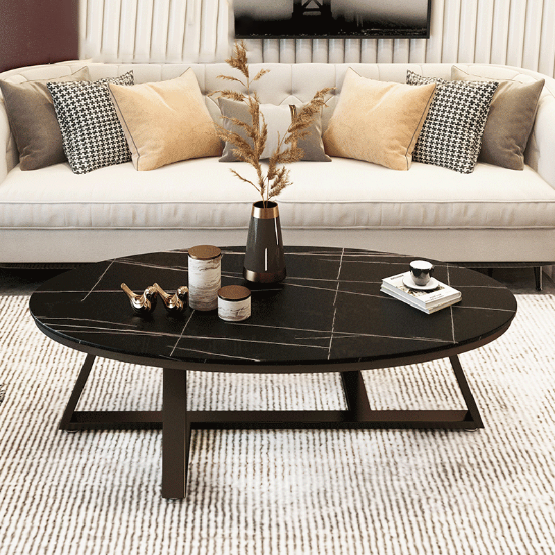 Glam Elliptical Slate Coffee Table 26.2" H Cross Legs Cocktail Table