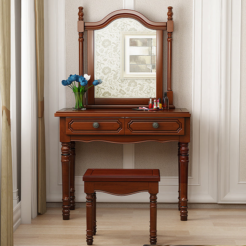 2-Drawer Solid Wood Mirrored Wood Makeup Dressing Table Stool