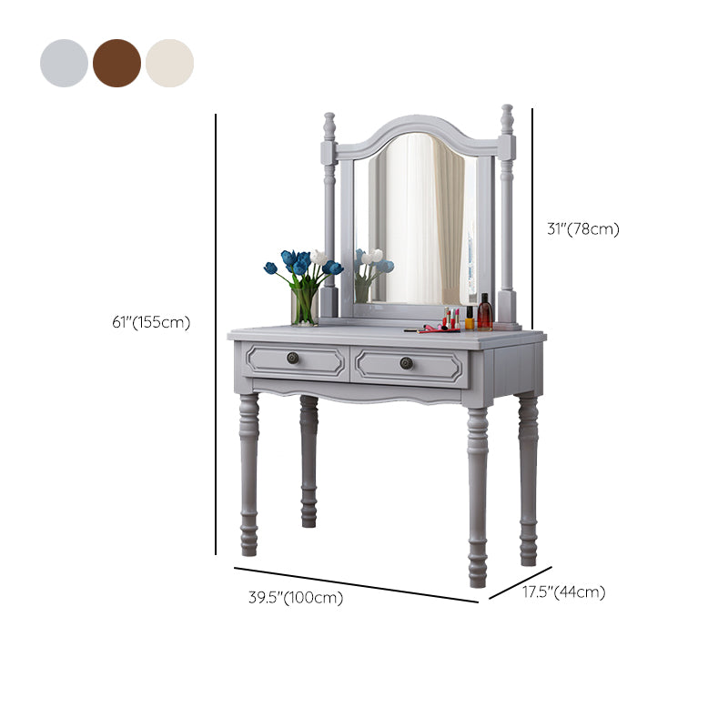 2-Drawer Solid Wood Mirrored Wood Makeup Dressing Table Stool