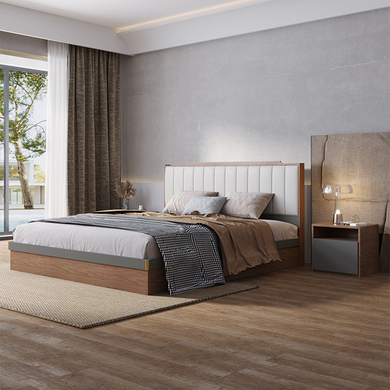 Mid-Century Modern Platform Bed Upholstered Headboard Panel Bed with Drawers