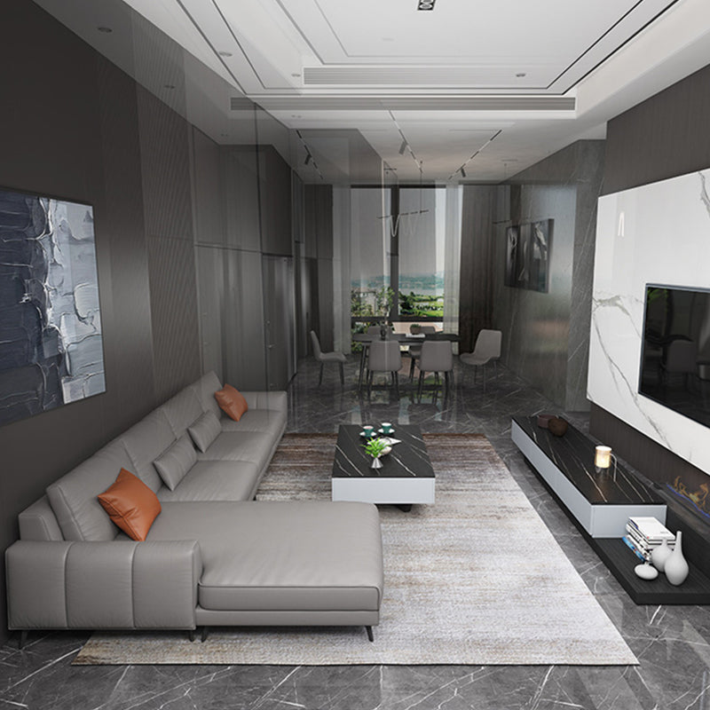 Gray 4-seat Faux Leather Sectional L-shape Sqaure Arm Sectional