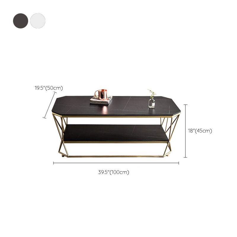 Luxurious Stone Top Coffee Table Metal Frame Cocktail Table with Shelf