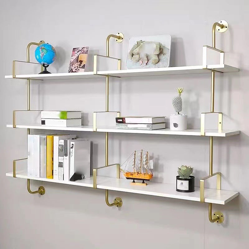 Metal and Wooden Shelf Bookcase Open Wall Mounted Gold Bookshelf for Home