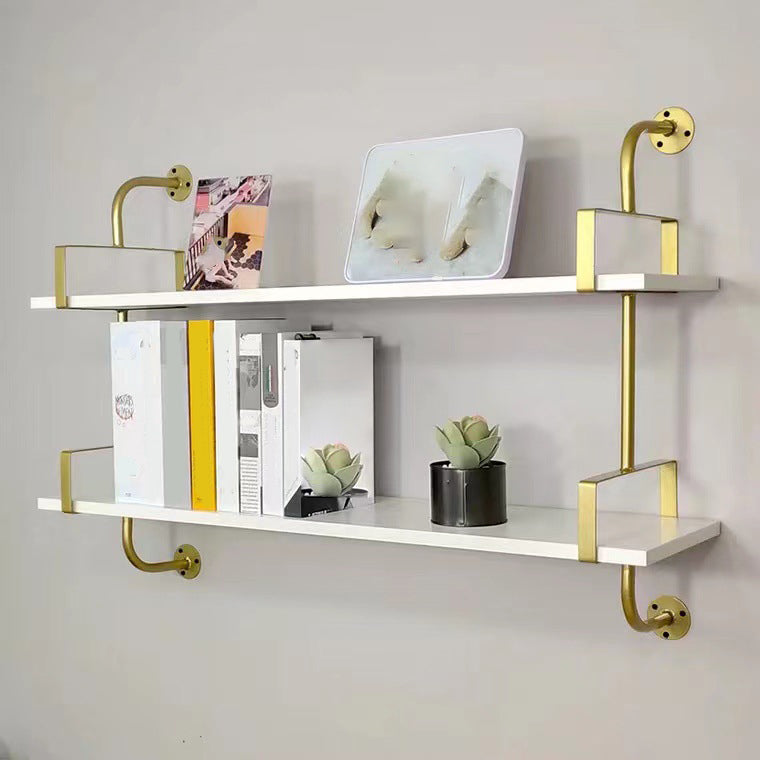 Metal and Wooden Shelf Bookcase Open Wall Mounted Gold Bookshelf for Home