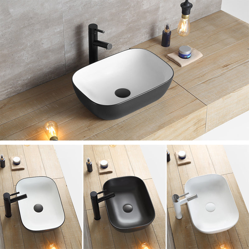 Modern Bathroom Sink Porcelain Rectangular with Pop-Up Drain and Faucet Wash Stand