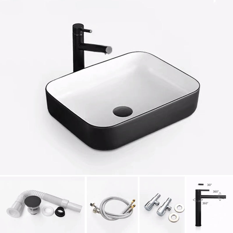 Modern Bathroom Sink Porcelain Rectangular with Pop-Up Drain and Faucet Wash Stand