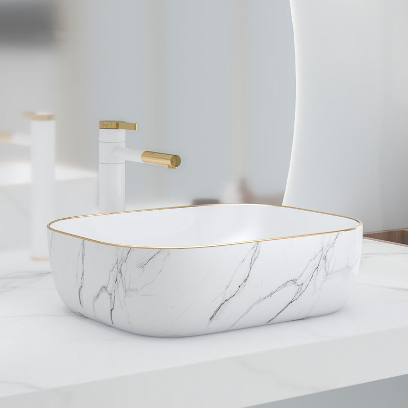 Modern Bathroom Sink Porcelain Pop-Up Drain Solid Color Rectangular Vessel