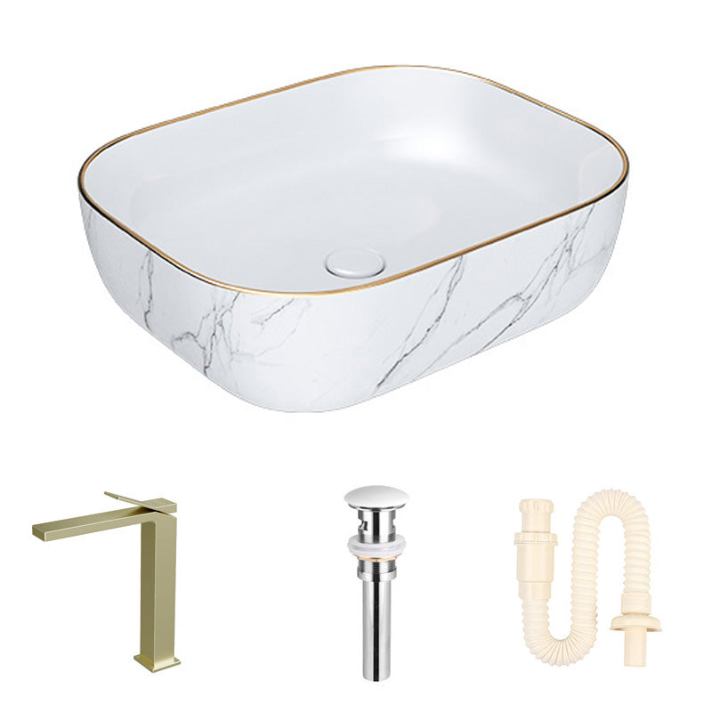 Modern Bathroom Sink Porcelain Pop-Up Drain Solid Color Rectangular Vessel