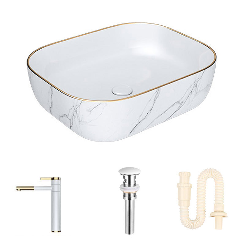 Modern Bathroom Sink Porcelain Pop-Up Drain Solid Color Rectangular Vessel