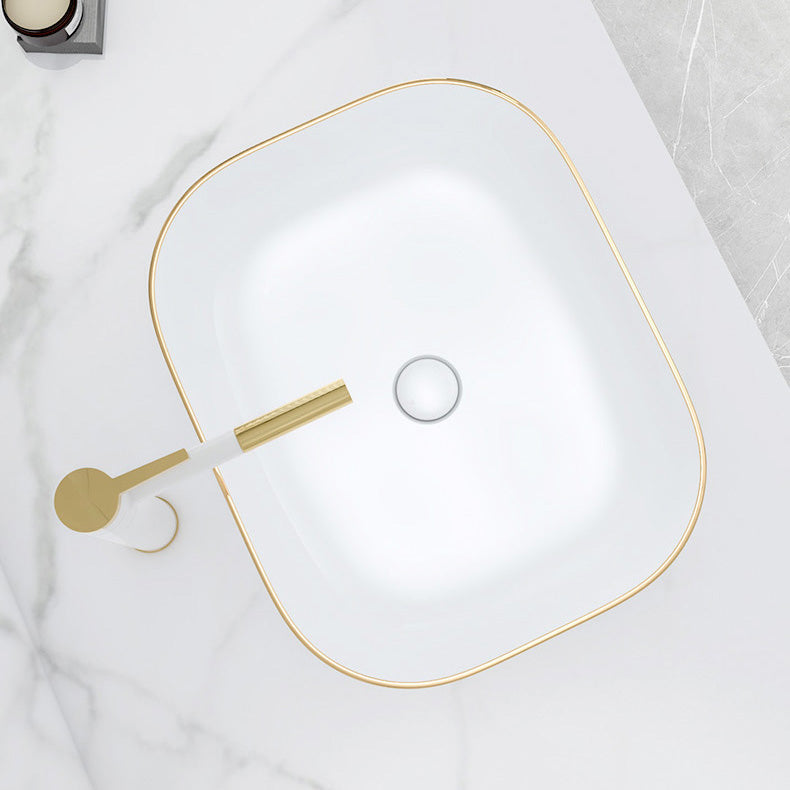 Modern Bathroom Sink Porcelain Pop-Up Drain Solid Color Rectangular Vessel
