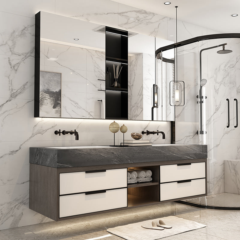 Modern Bathroom Sink Vanity Limestone Faucet and Mirror Open Console with Sink Set