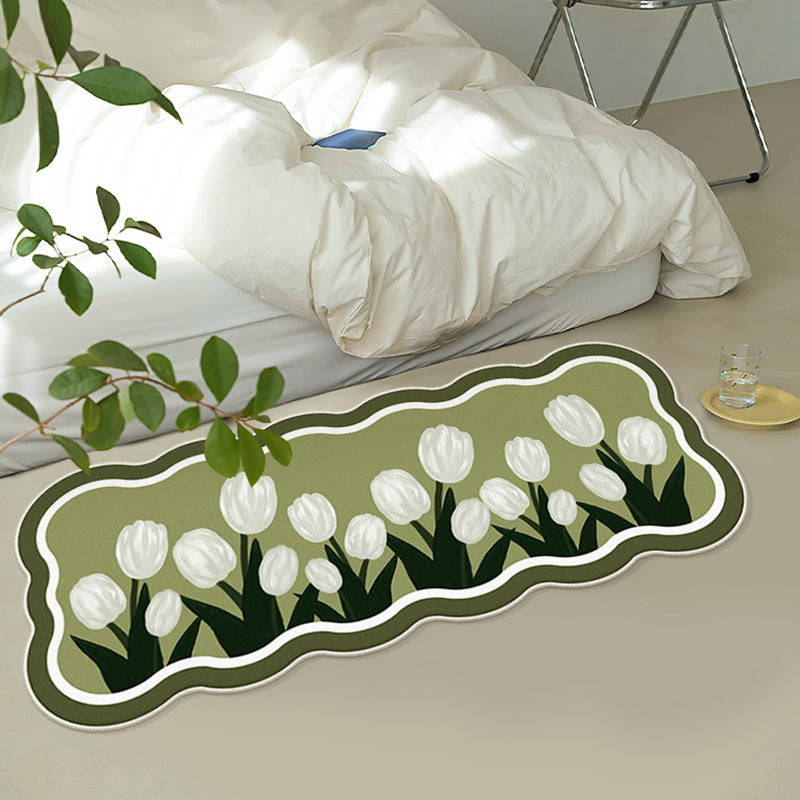 Green Modern Rug Polyester Tulip Indoor Rug Washable Rug for Home Decor
