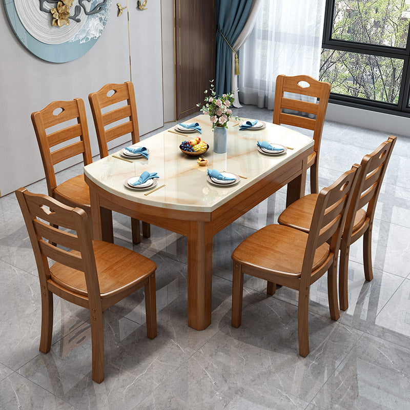 Round Stone Top Dining Table Drop-Leaf Dinner Room Kitchen Table with Wood Base