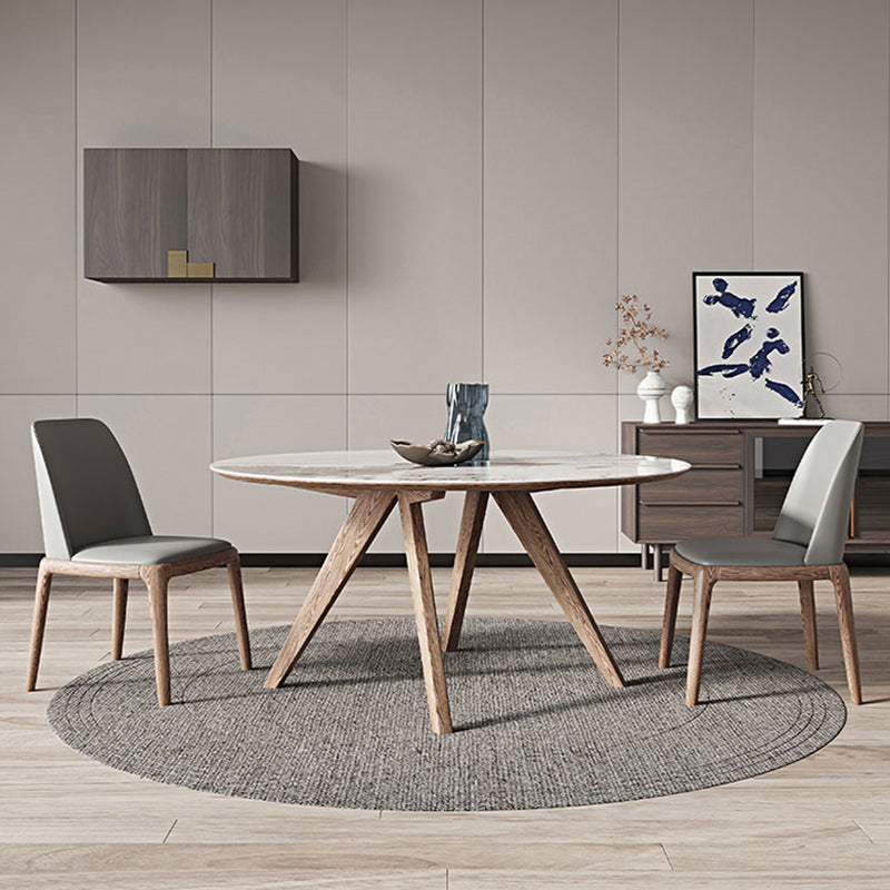 White Sintered Stone Top Table Round Home Kitchen Dinner with Natural Legs