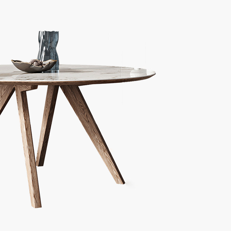 White Sintered Stone Top Table Round Home Kitchen Dinner with Natural Legs