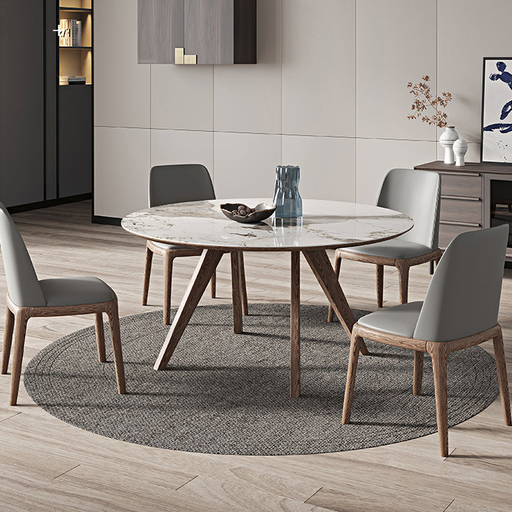 White Sintered Stone Top Table Round Home Kitchen Dinner with Natural Legs