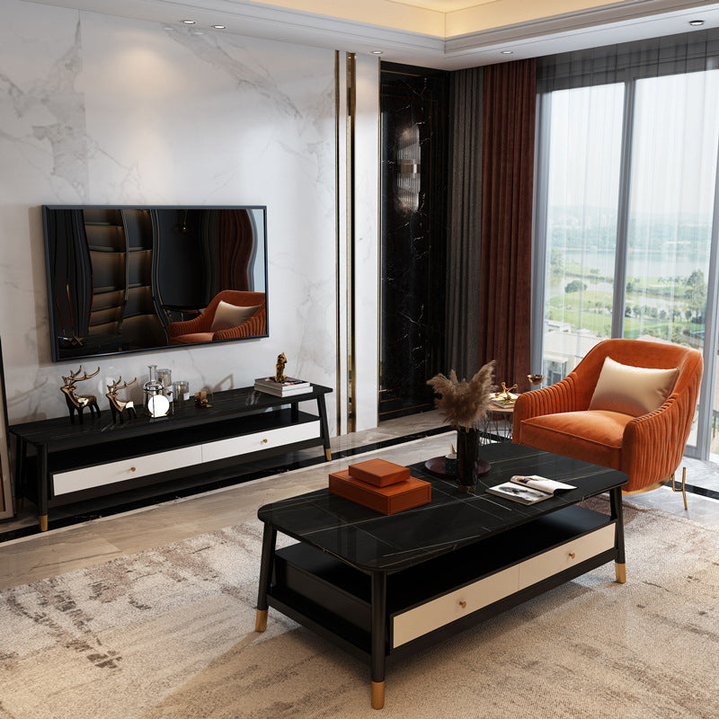 2 - Drawer and 1 - Shelf Coffee Table Rectangular Slate 4 Legs Cocktail Table