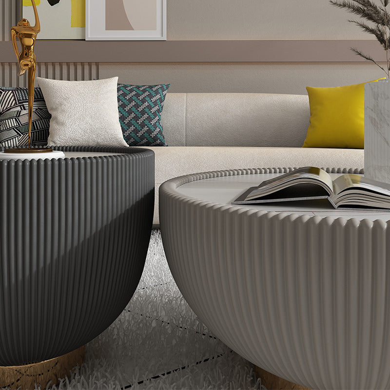 Luxurious Slate Round Pedestal Coffee Cocktail Table in White and Gray