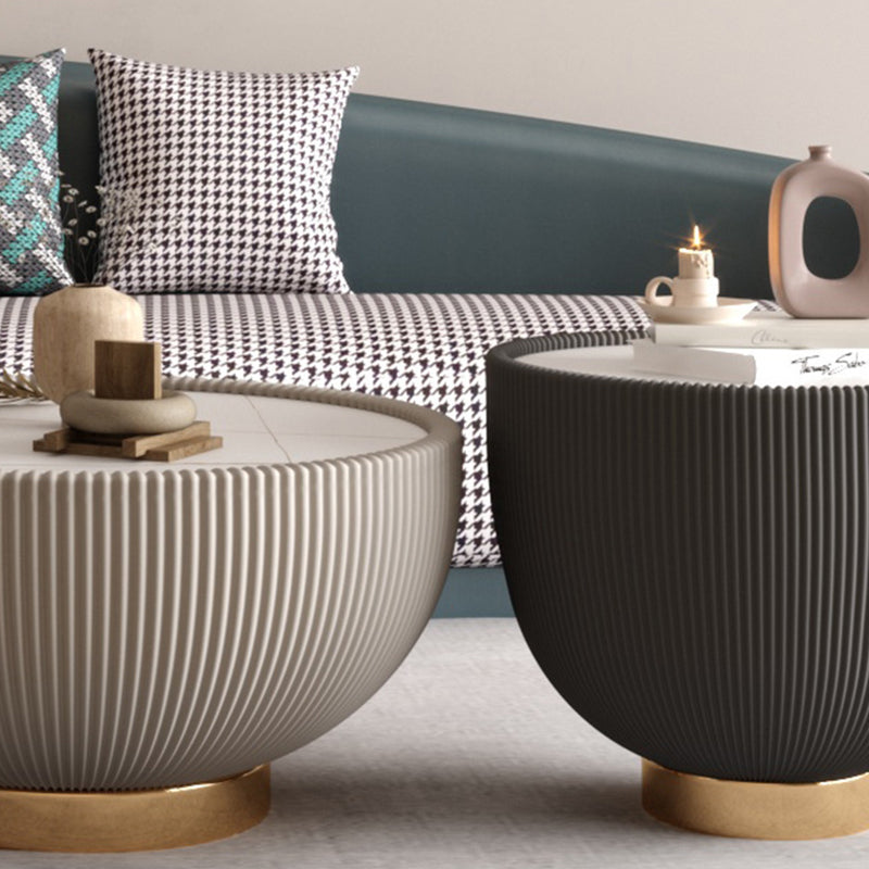 Luxurious Slate Round Pedestal Coffee Cocktail Table in White and Gray