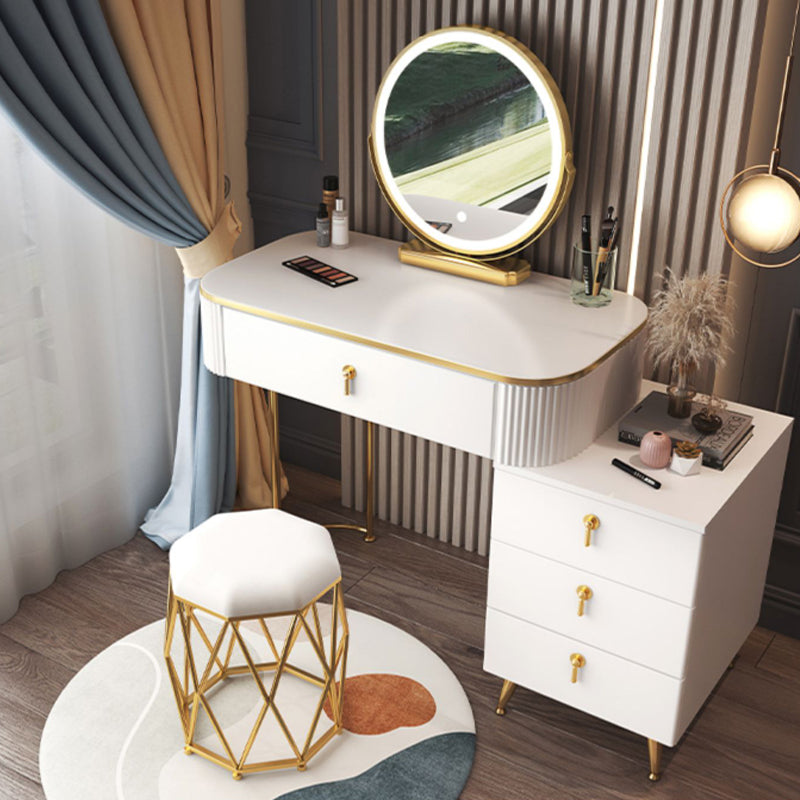 Glam Wood Frame Makeup Vanity Drawer Vanity Set in White for Bedroom
