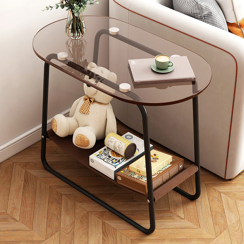 Contemporary Brown Glass Top Side Table Steel Sled Base End Table