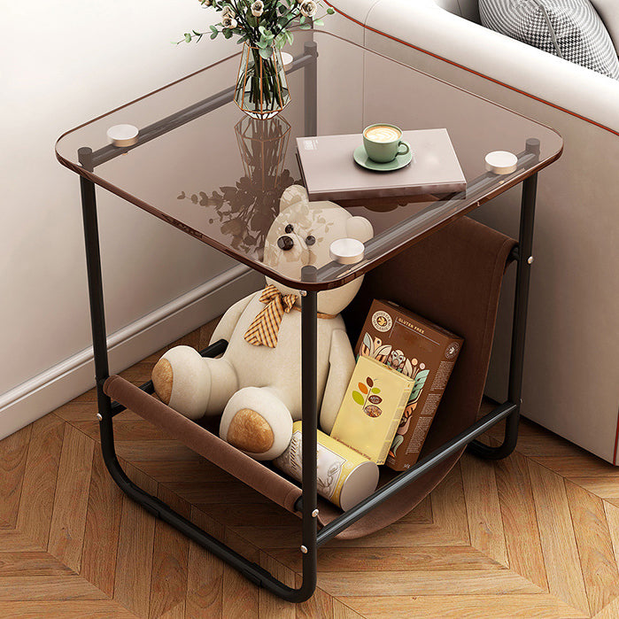 Contemporary Brown Glass Top Side Table Steel Sled Base End Table