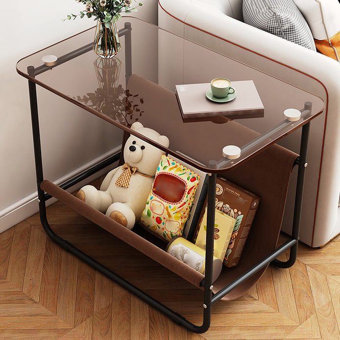 Contemporary Brown Glass Top Side Table Steel Sled Base End Table