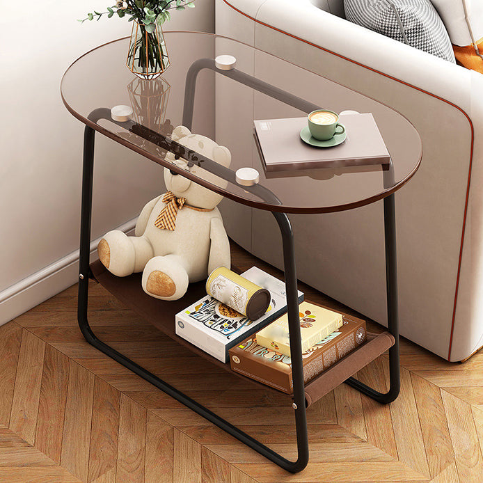 Contemporary Brown Glass Top Side Table Steel Sled Base End Table