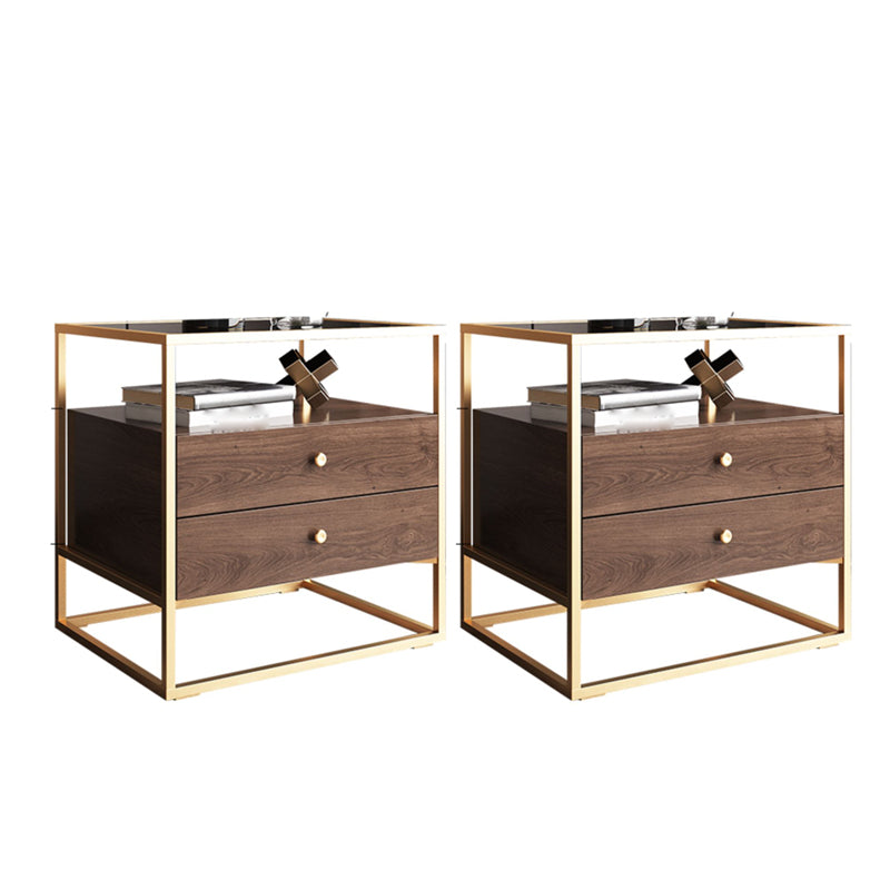 21.25" Tall Rectangular Glass Top Side Table Iron Frame 2-Drawer End Table
