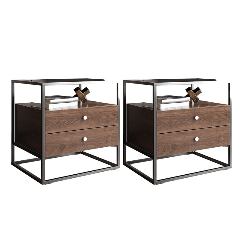 21.25" Tall Rectangular Glass Top Side Table Iron Frame 2-Drawer End Table