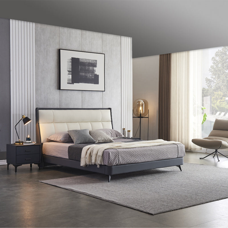 Modern Pine Wood Standard Bed Genuine Leather Panel Bed Upholstered Headboard