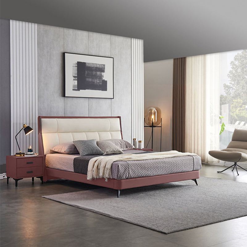 Modern Pine Wood Standard Bed Genuine Leather Panel Bed Upholstered Headboard