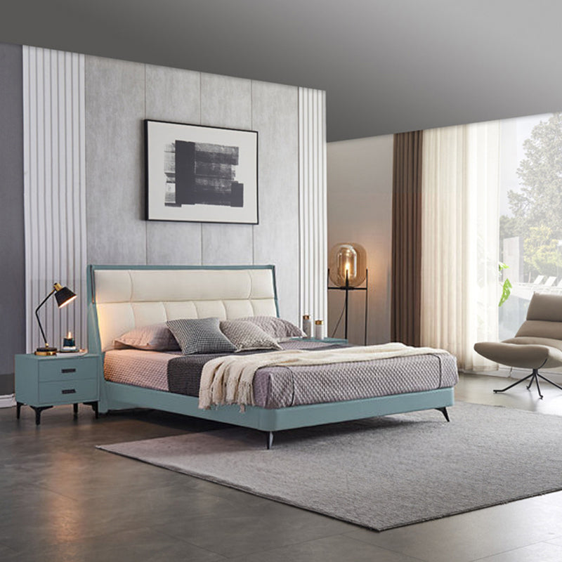 Modern Pine Wood Standard Bed Genuine Leather Panel Bed Upholstered Headboard