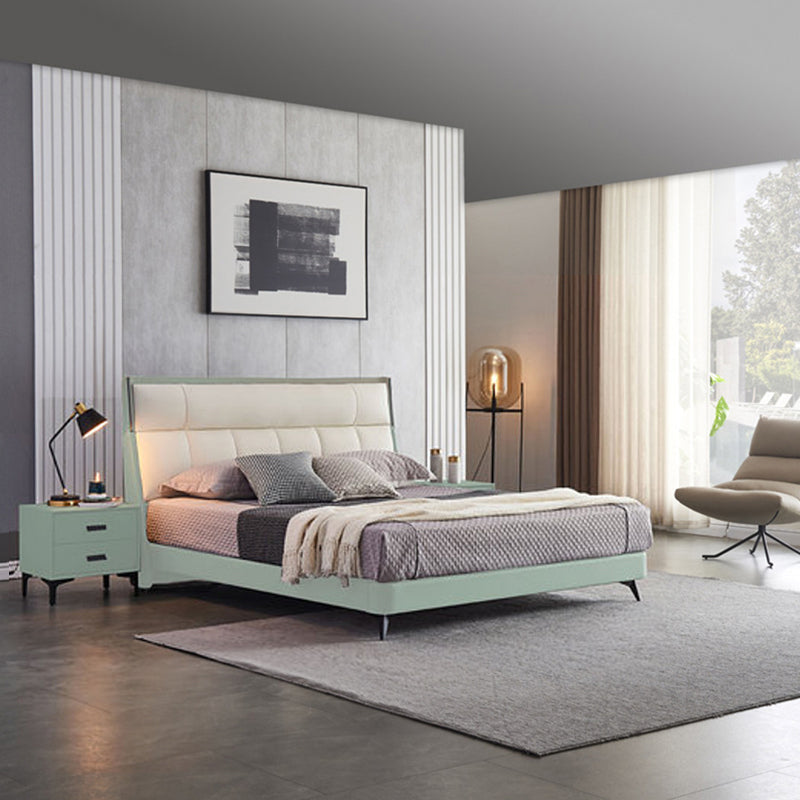 Modern Pine Wood Standard Bed Genuine Leather Panel Bed Upholstered Headboard