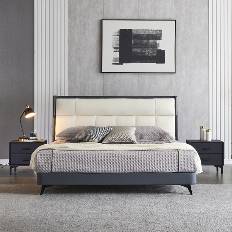 Modern Pine Wood Standard Bed Genuine Leather Panel Bed Upholstered Headboard