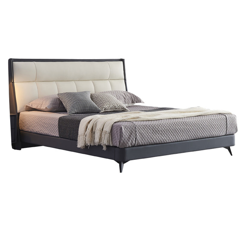 Modern Pine Wood Standard Bed Genuine Leather Panel Bed Upholstered Headboard