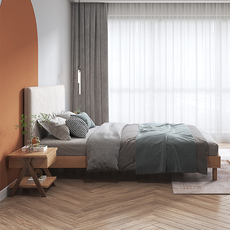 Gray and Natural Standard Bed Traditional Oak Panel Bed Upholstered Headboard