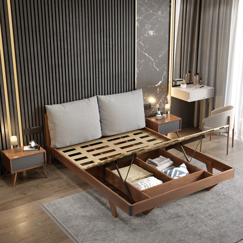 Espresso Wood Panel Bed Upholstered Headboard Standard Bed Lift Up Storage