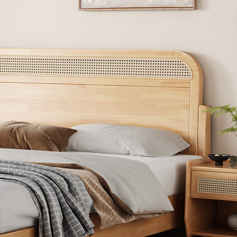 Natural Tropical Standard Bed Rattan and Rubberwood Panel Bed with Headboard