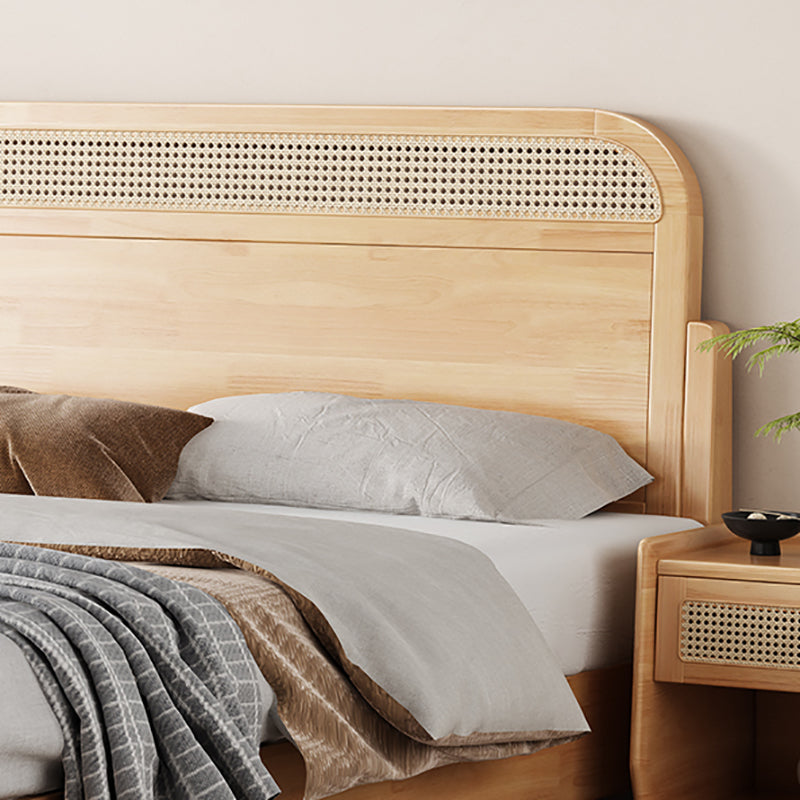 Natural Tropical Standard Bed Rattan and Rubberwood Panel Bed with Headboard
